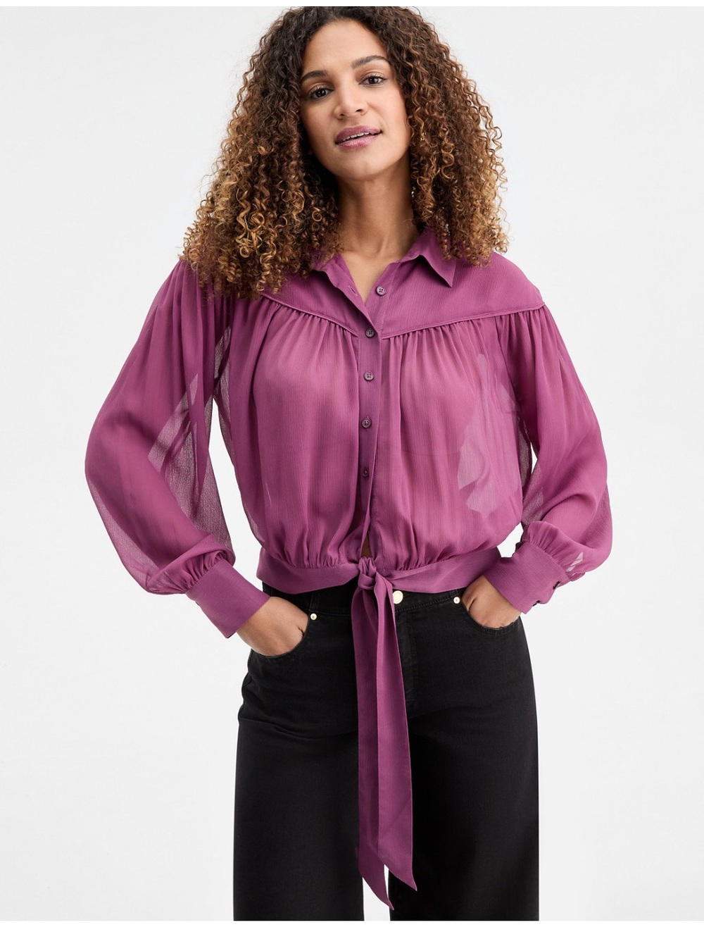 Sheer Chiffon Blouse with Elegant Crinkle Texture and Tie at the Hem Romantic